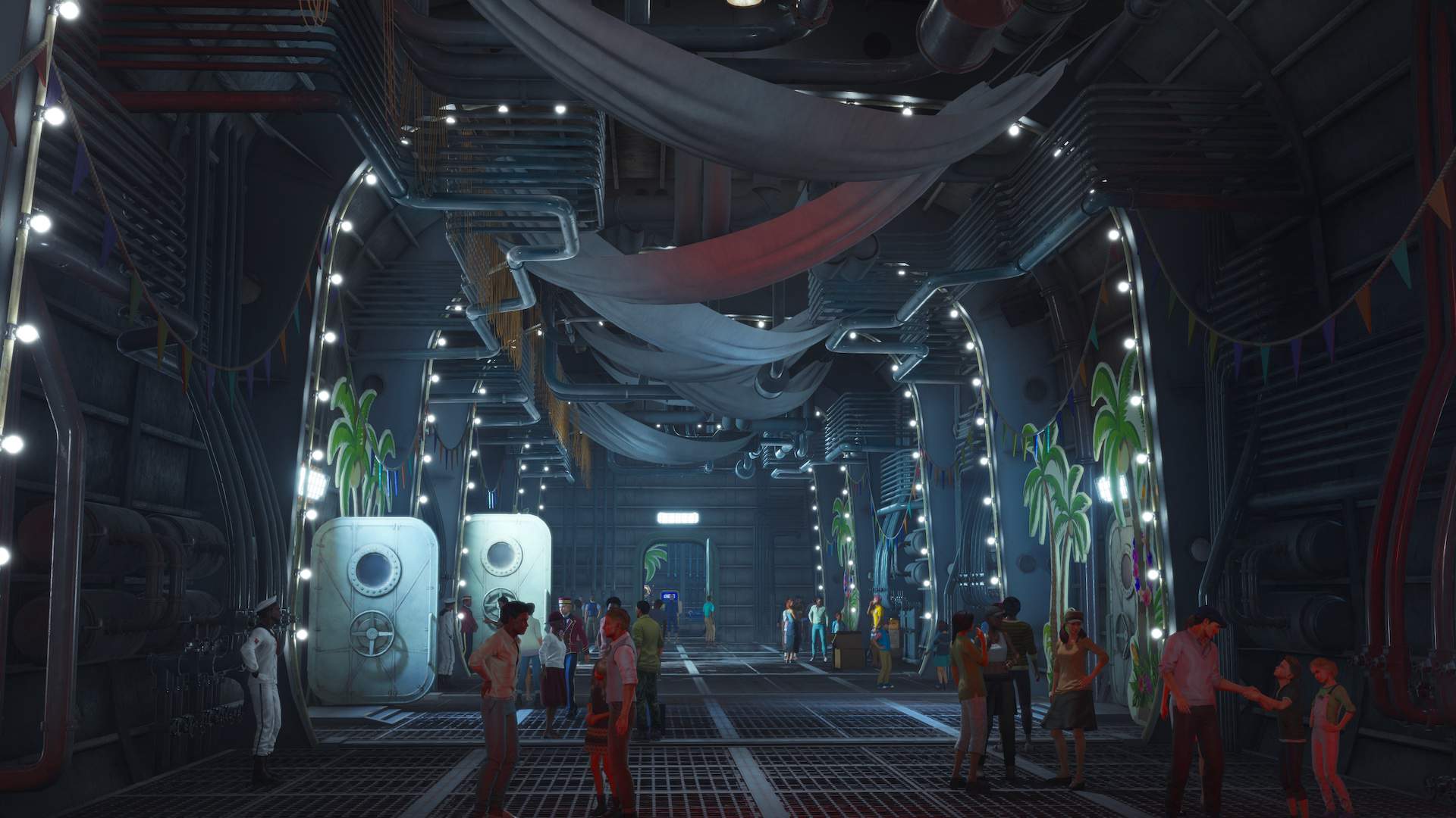 The interior of a large ship. Streamers and tropical decorations are up and people are milling about.
