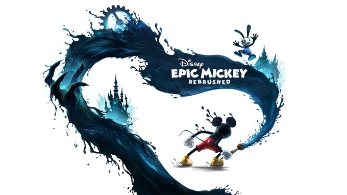 Mickey Mouse standing away from the camera with dark blue paint coming out of a paintbrush and surrounding him. Text reads 'Epic Mickey: Rebrushed'