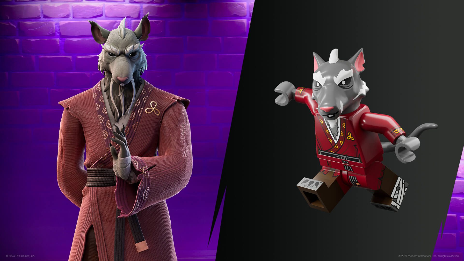 A Fortnite and Lego Fortnite version of Splinter, a rat wearing red robes