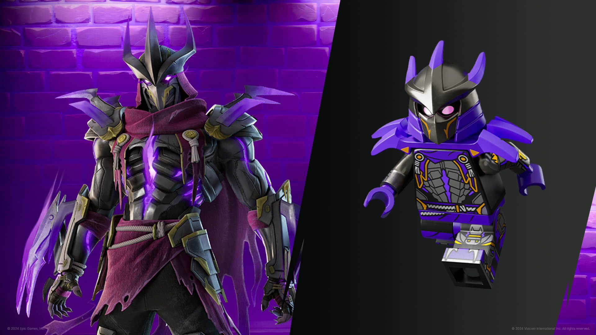 A Fortnite and Lego version of Super Shredder, a masked and armored figure with glowing purple highlights