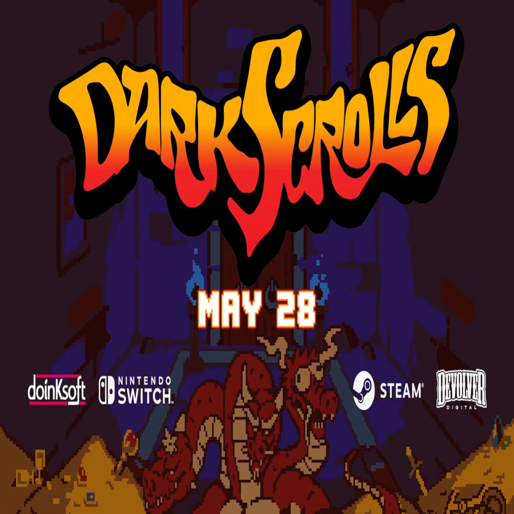 Dark Scrolls - Tampilan utama game dengan sembilan karakter hero dalam dungeon retro